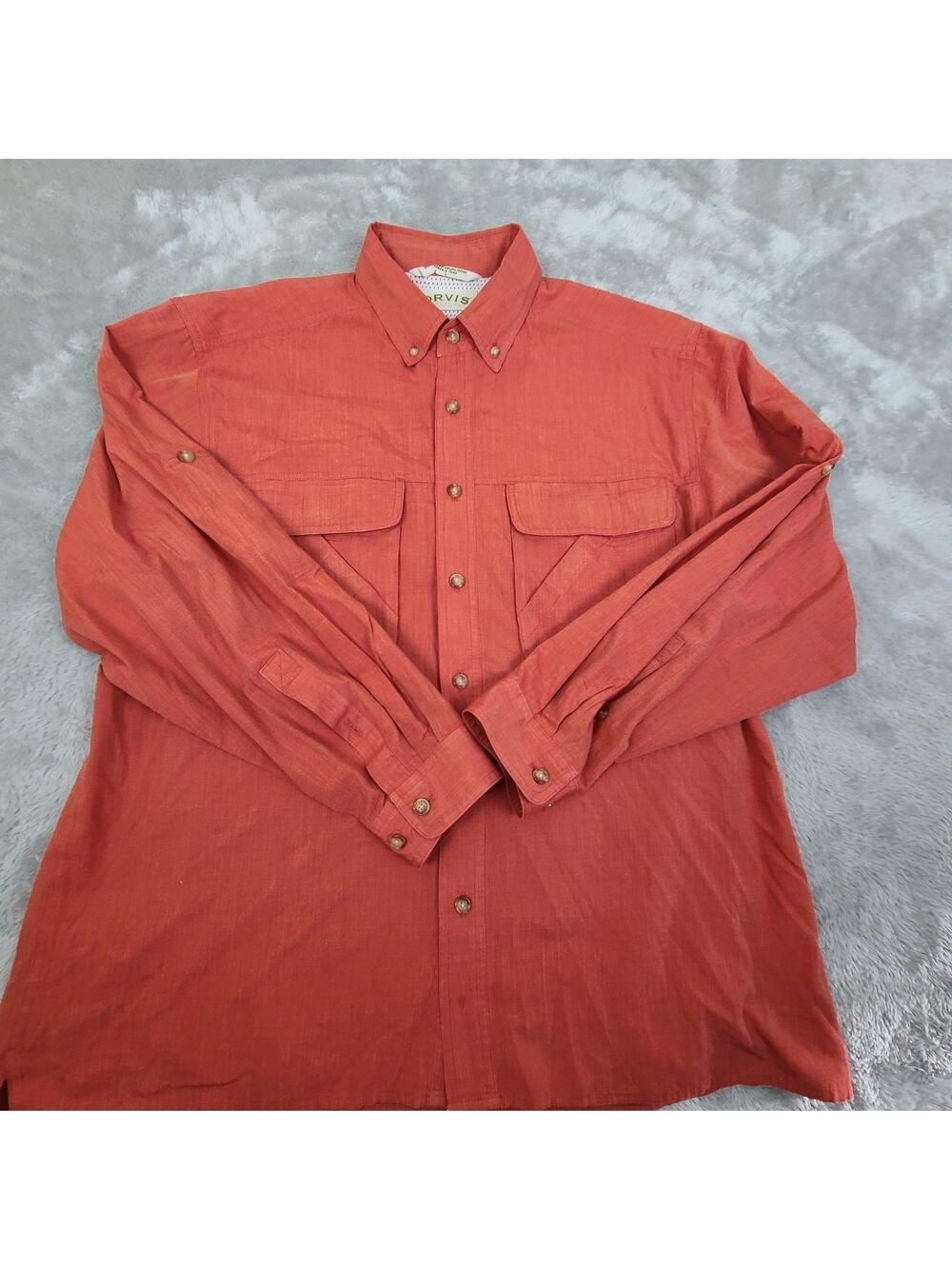 Orvis Nylon Blend‎ Long Sleeve Solid Double Pocket Button Down Shirt Men's Large